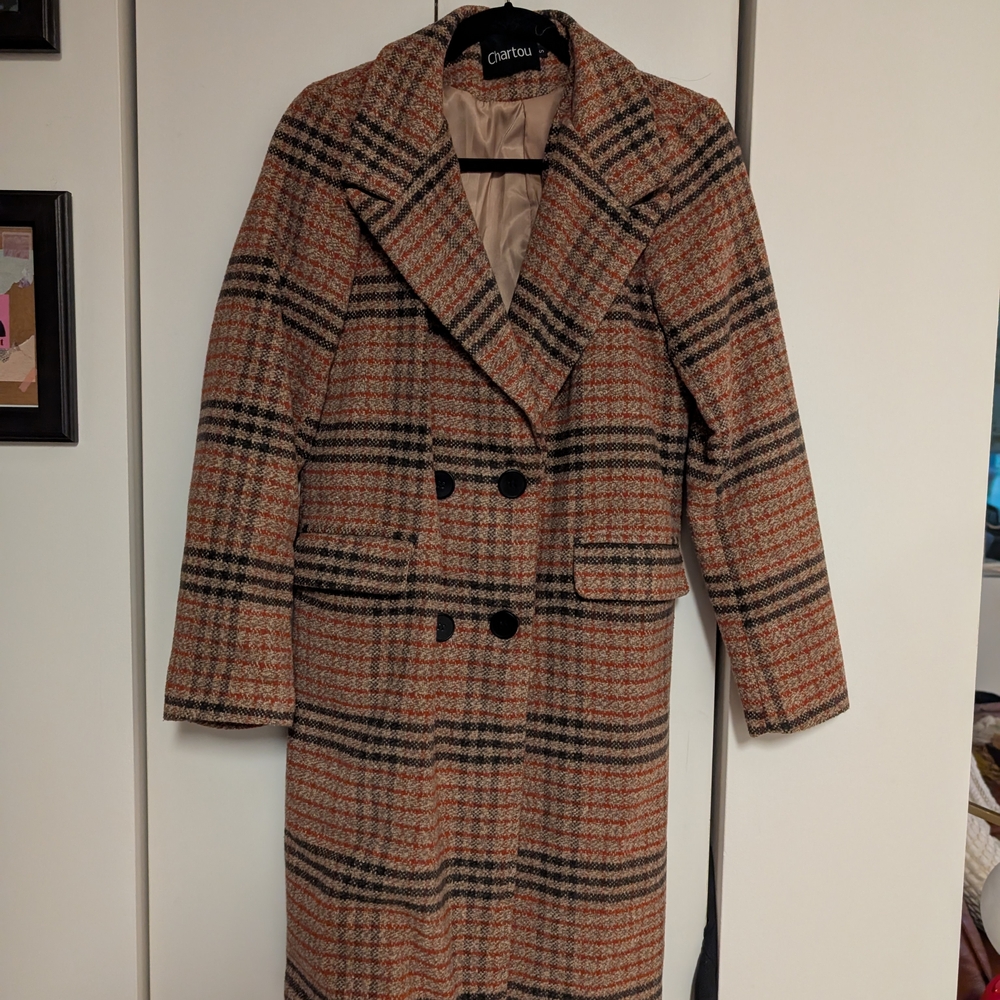 chartou Brown and Black Trench Coat Classic Plaid Design
